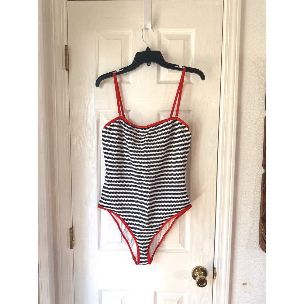 Beach Riot Amber One Piece Swimsuit Indigo Midnight Striped Red Trim XL NEW - Picture 2 of 4